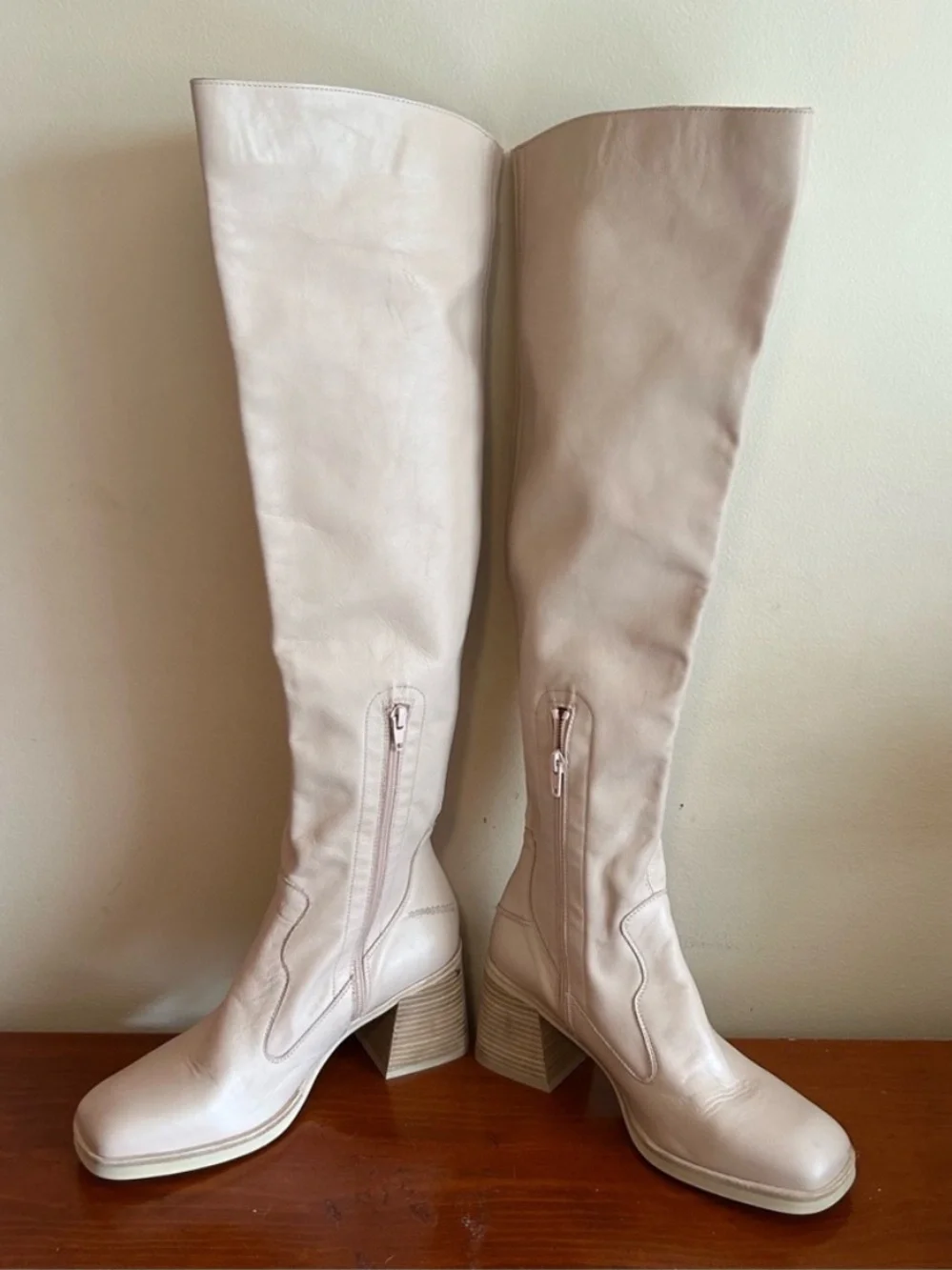 Free People Ivory Cream Leather Knee High Block Heel Boots EU 39.5 US 8.5
